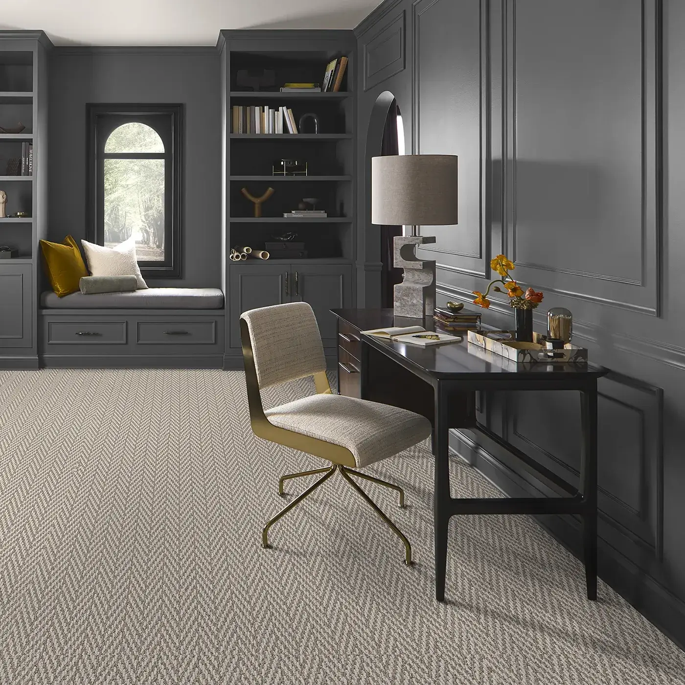 Always Yours-ZB289-00753-Fossil-Room Shaw Floors tan patterned carpet in a residential office with gray-blue Walls