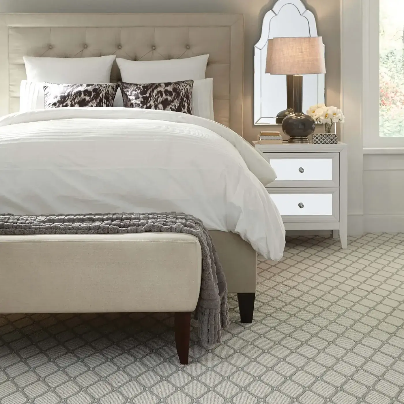 Marrakech-Z6888-00522-Porcelain-V White and gray patterned Shaw Floors carpet in a white and beige bedroom