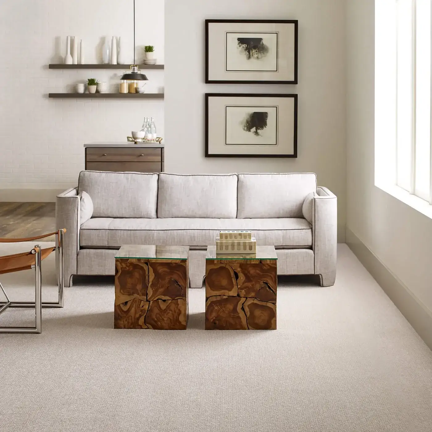 OUTSIDE-THE-LINES-E9645-SNOW-FALL-00101H Light gray Shaw Floors carpet in a lightly colored living room