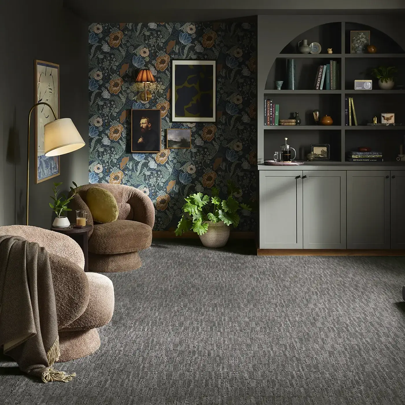 ZZ319_00537_Main Dark gray Shaw Floors carpet in a botanical themed sitting room