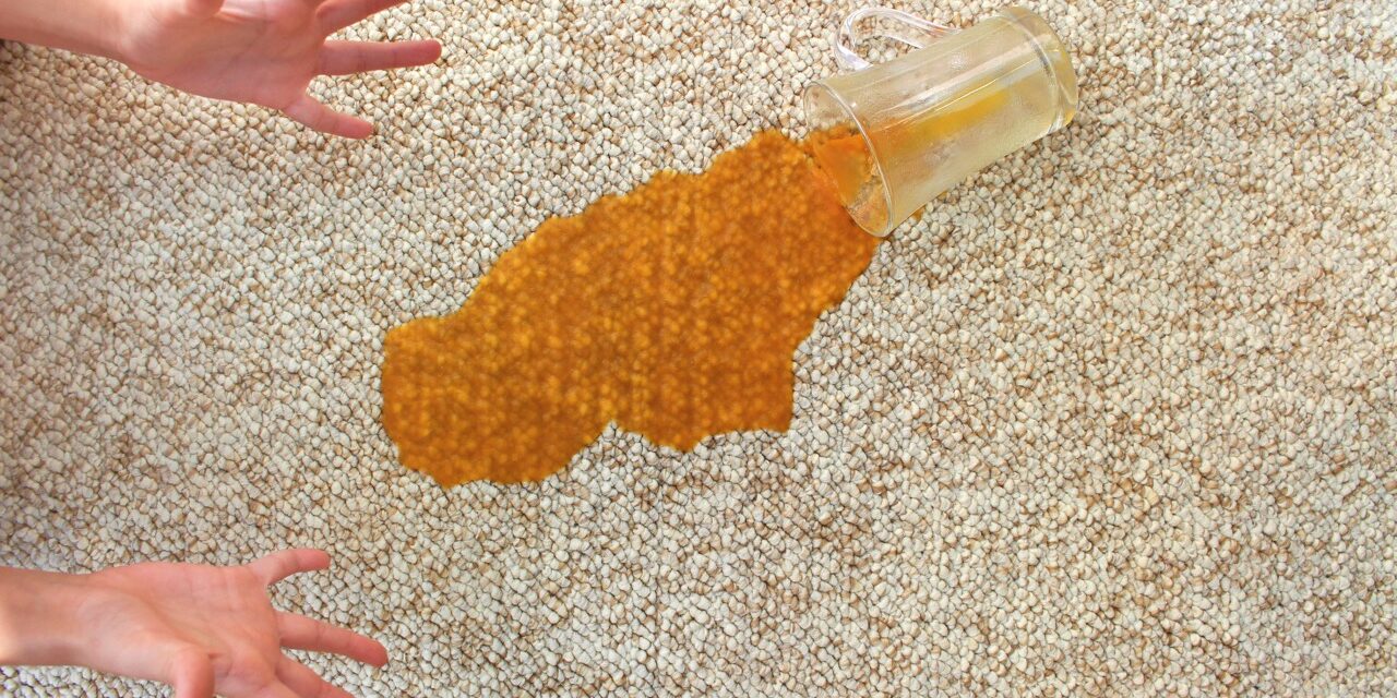 Glass of juice fell on carpet. Drink spilled on floor.