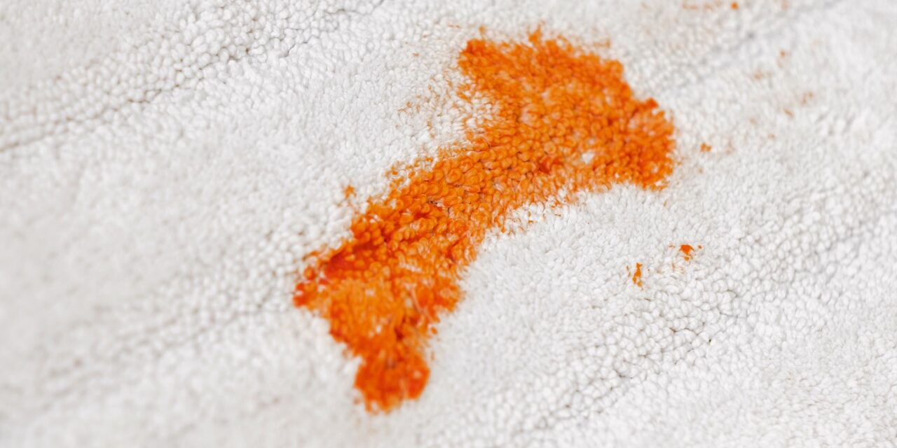 Tomato stain on a white carpet indoors.