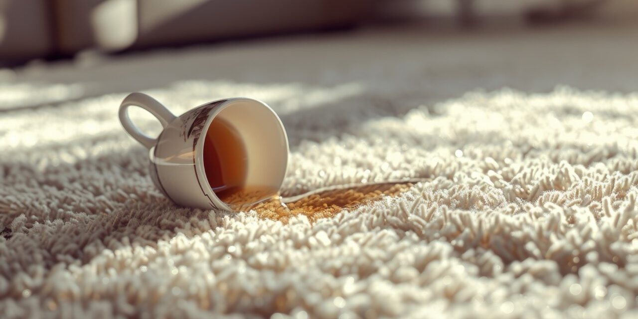 Closeup overturned cup with spilled tea on the white carpet surface